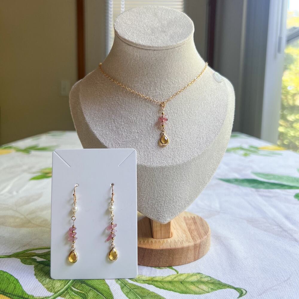 Rose Quartz Jewelry Set, Citrine Pearl Strawberry Set, Cute Casual Colorful